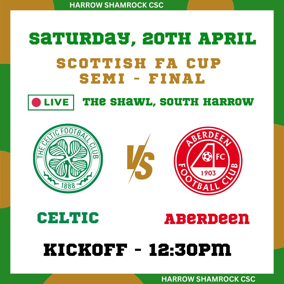 HAMPDEN TIME !! 🏆 The Celts face off against Aberdeen in their quest for silverware in a Scottish Cup Semi-Final tie Come Down and Watch it with Us !! 🍻 Doors Open at 10am ⚽️ Kick-Off at 12:30pm 💚 Everyone is Welcome