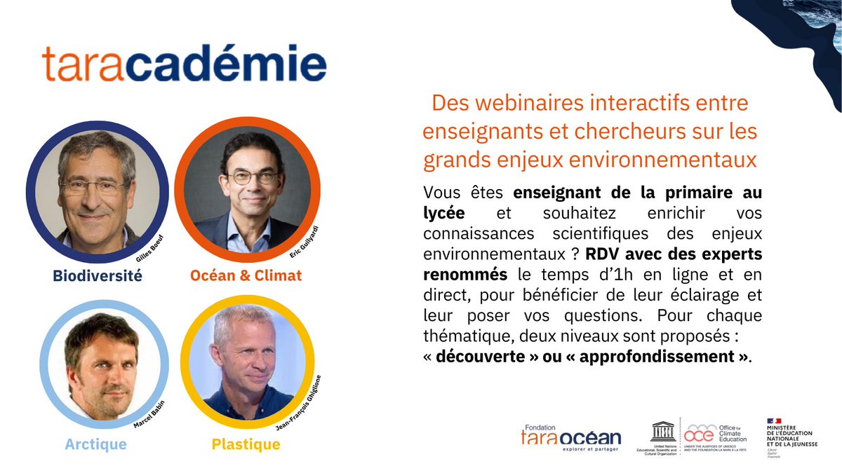 Lancement de la 1ère saison de la taracadémie en partenariat avec @TaraOcean_ 🥳 Des webinaires interactifs entre enseignants et chercheurs sur les grands enjeux environnementaux et climatiques d’aujourd’hui ! Pour s'inscrire➡️fondationtaraocean.org/education/tara…