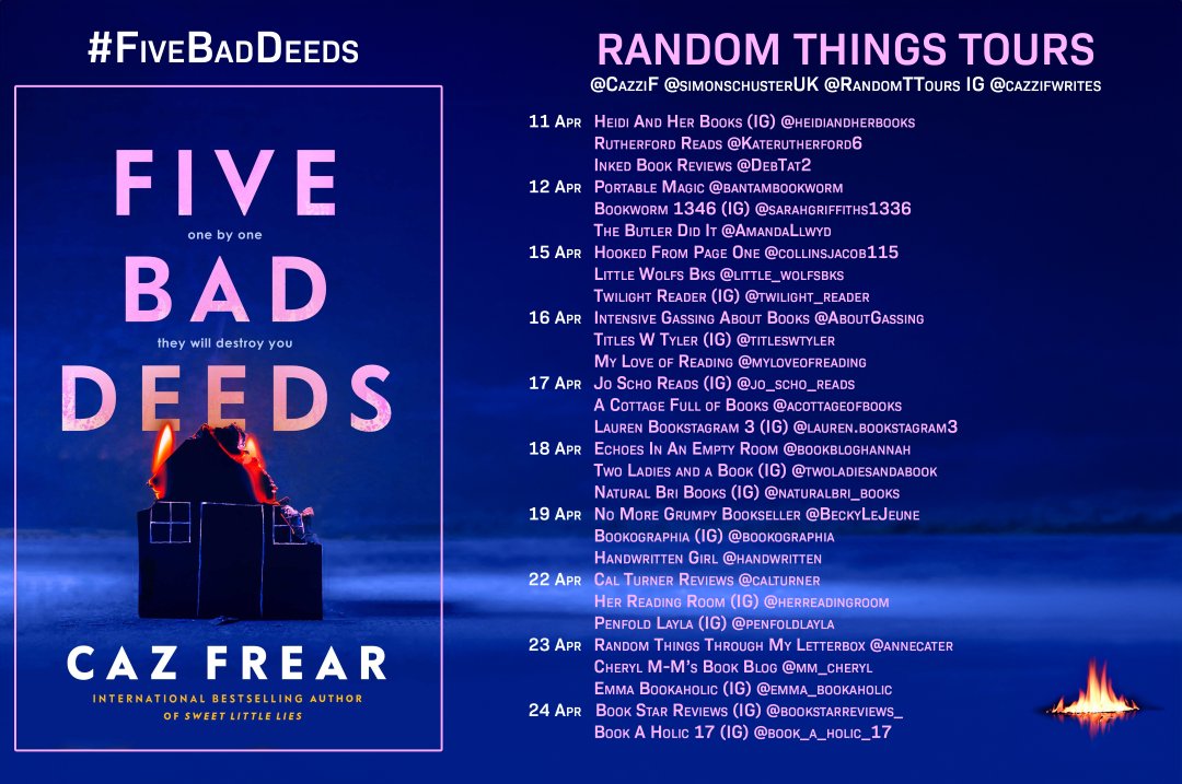 I am on the blog tour for Five Bad Deeds By @CazziF here are my thoughts: echoesinanemptyroom.com/2024/04/18/fiv… Thank you to @RandomTTours @simonschusterUK for sending me a copy. #FiveBadDeeds Check out other bloggers on this tour here: