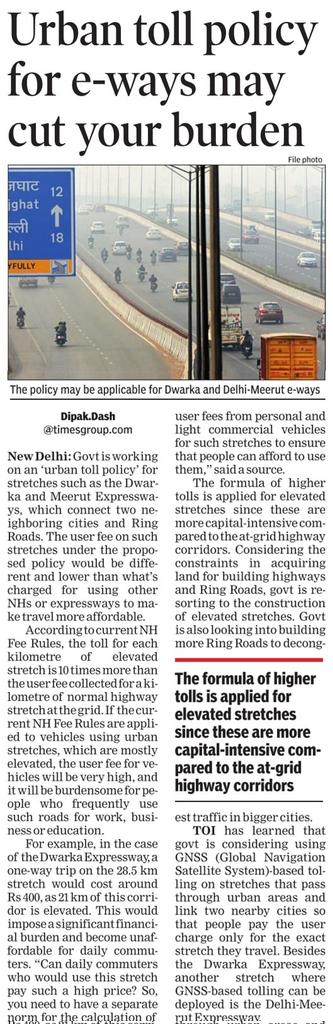 Govt working on an Urban Tolling Policy to ensure regular commuter are saved from high user charges. My report in @timesofindia