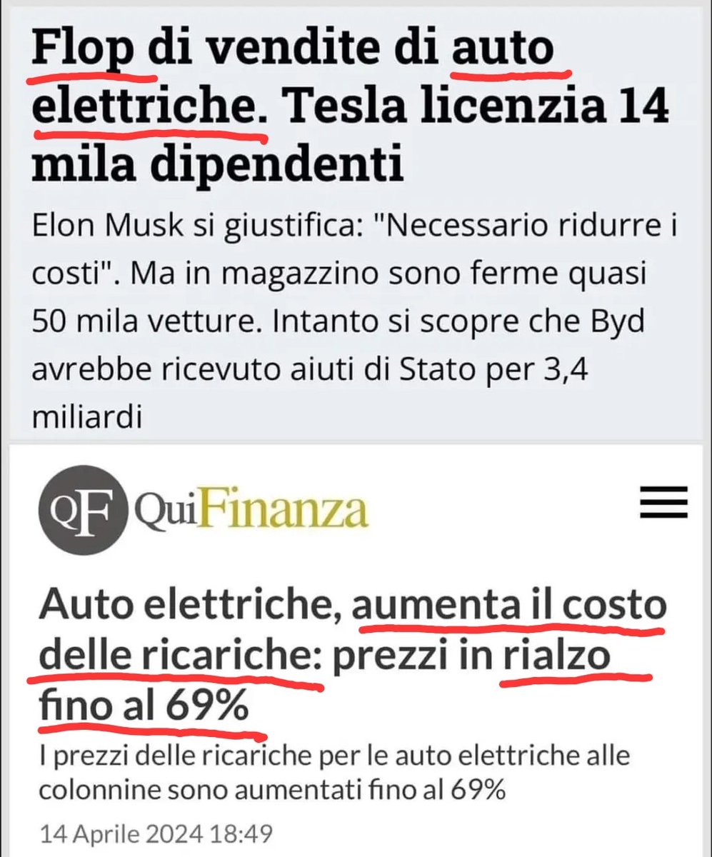 FALLIMENTO AUTO ELETTRICHE.
#AutoElettriche #AutoIbride #BEV #EV #MHEV #PHEV #Hybrid #MildHybrid #EcoPass #ZTL #UE #PD #GREEN  #Agenda2030 #Europee2024 #ElezioniEuropee 
#PartitoDemocratico #PD #EllySchlein #GiorgiaMeloni #FratellidItalia #Salvini #Lega  #M5S #MarioDraghi #DRAGHI