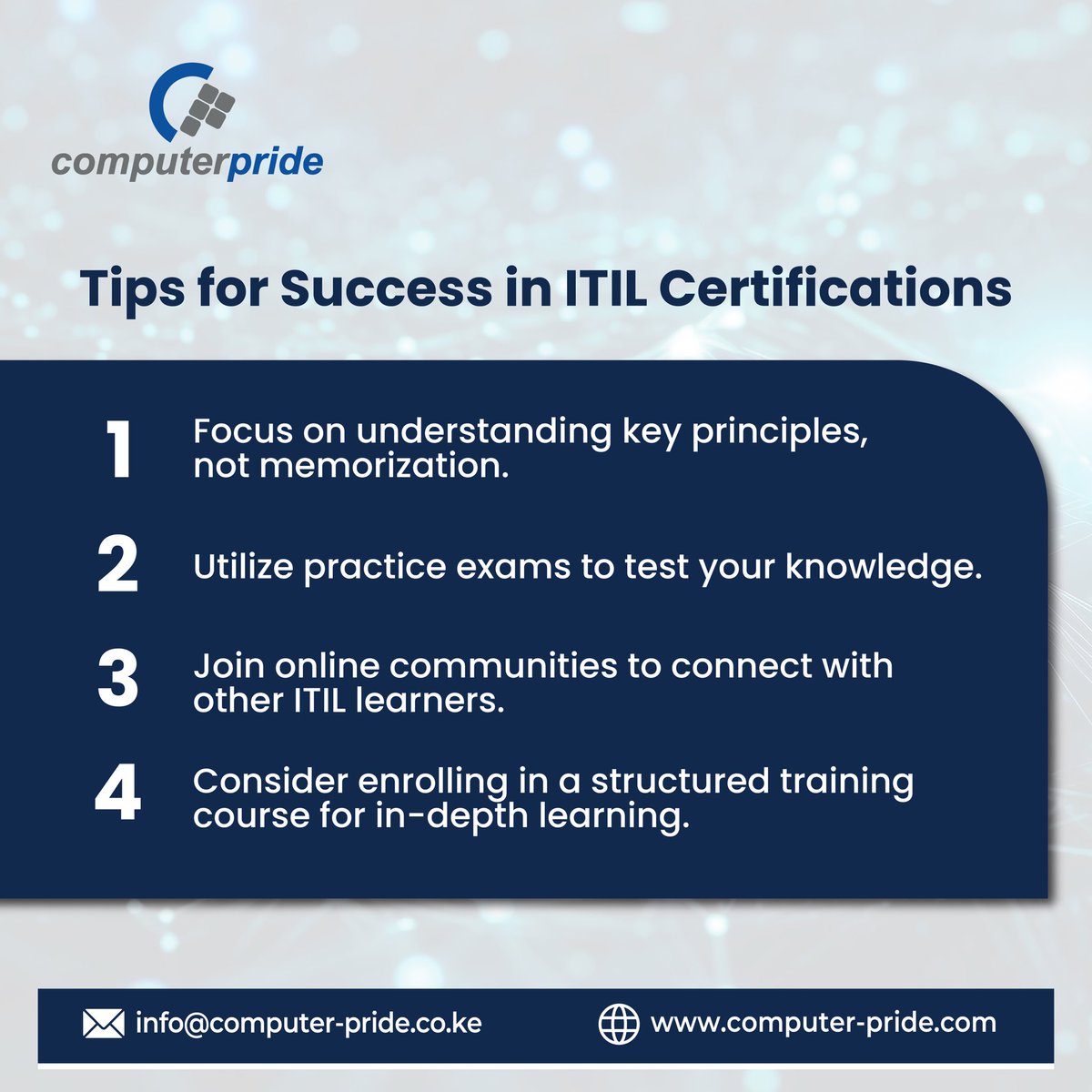 Computer_Pride's tweet image. Conquering ITIL certifications? This post offers key strategies to help you dominate the exam!
Inquire today:
📞 +254 705 900 900/ +254 708 414 141
✉️ info@computer-pride.co.ke
computer-pride.co.ke
#ITIL #ITSM #certification #computerpride #ITILCertifications
