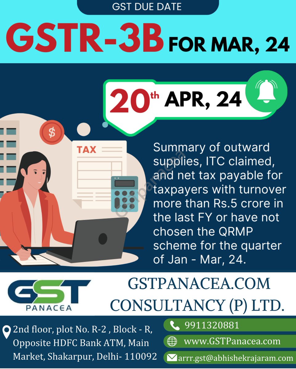 Due Date Reminder 
GST Due Date 
GSTR- 3B
For MAR,24

 #GSTReminder #GSTR3B #TaxFiling #BusinessCompliance