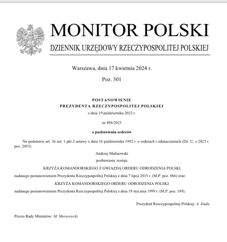 🔊Mam dla państwa ciekawą lekturę do porannej ☕️. W Monitorze Polskim opublikowano postanowienie @prezydentpl @AndrzejDuda o pozbawieniu Andrzeja Malinowskiego orderów i odznaczeń. @andrzejmm (77 lat) to były szef konfederacji pracodawców @PracodawcyRP, a w przeszłości