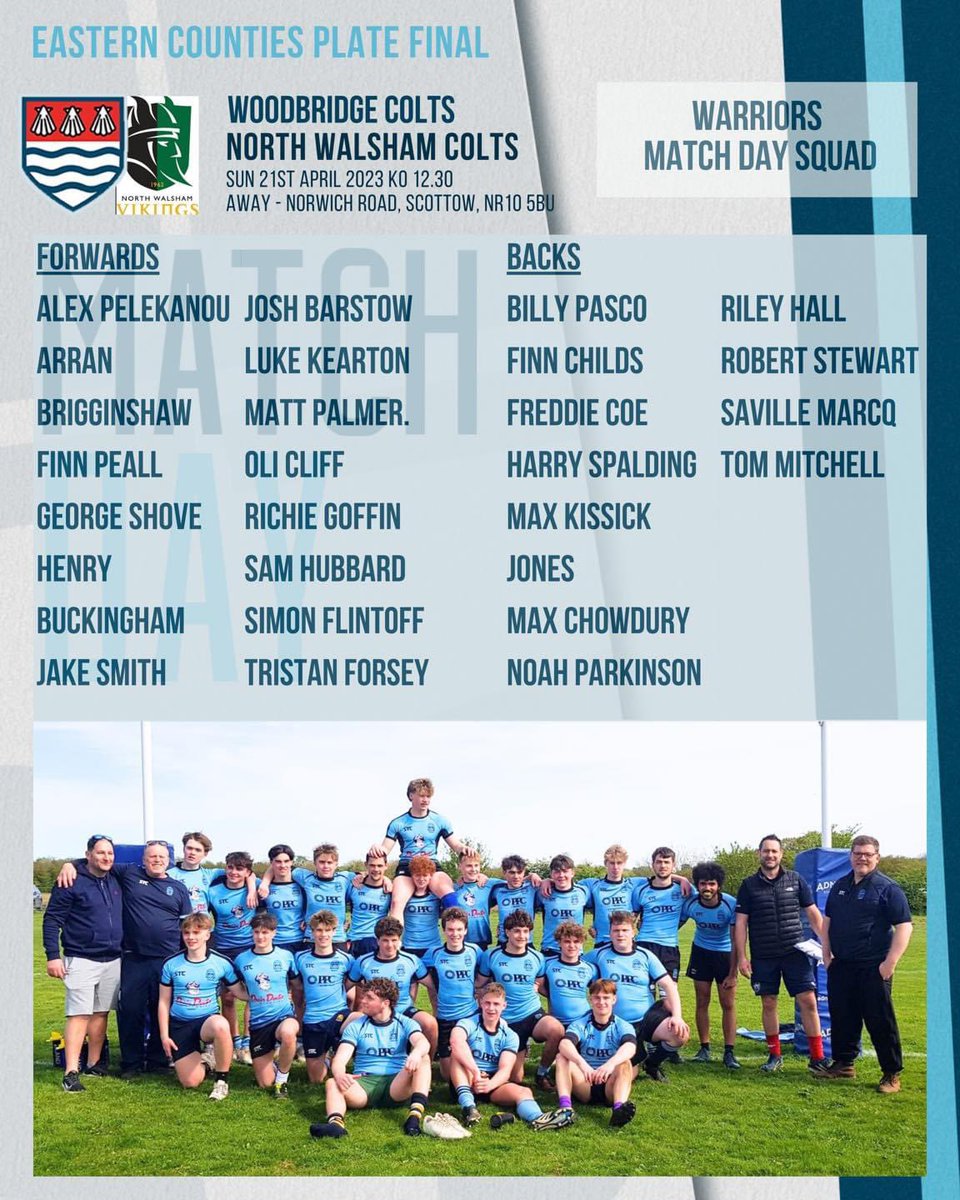 Our Colts travel to North Walsham Rugby Club this Sunday for the final of the Eastern Counties Rugby Union Plate Final.

Go Hard Go Well Go Warriors

#romanceofthecup #warriorsandamazons #feelingblue #inthefinal #onemoregame #easterncountiesrugby #woodbridgerugbyclub