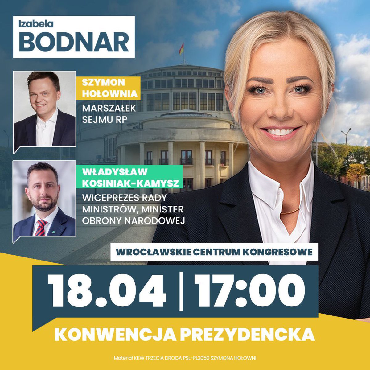 Dziś będę gościć we Wrocławiu znamienitych gości! 💛💚 Szymon Hołownia, Władysław Kosiniak-Kamysz i cała drużyna moich przyjaciół - posłów i ministrów przyjedzie wesprzeć mnie na ostatniej prostej tej kampanii.💪 Do zobaczenia! 🔥 #IzaNaPrezydentke #Wroclaw