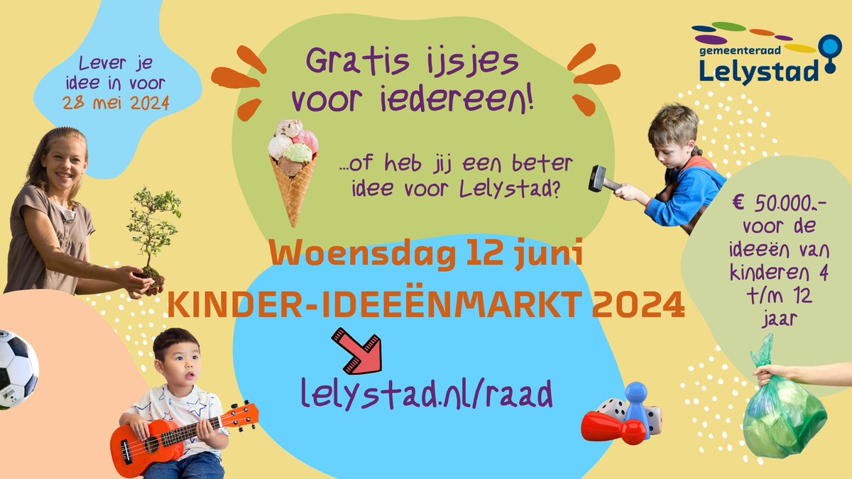 Doe jij of jouw kinderen / leerlingen al mee met de Kinder-Ideeënmarkt? Je idee inleveren kan nog tot en met 27 mei via lelystad.nl/raad.