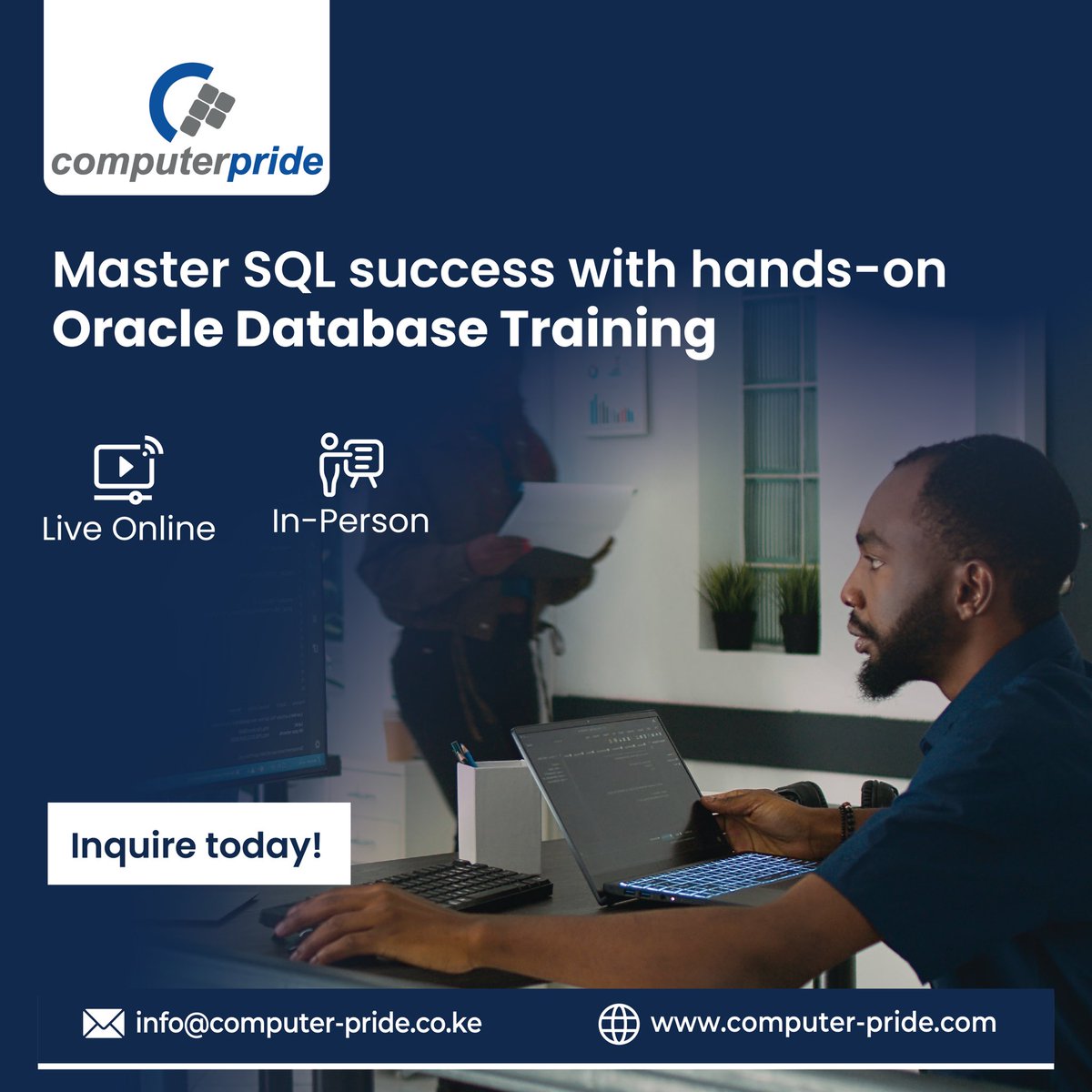 Computer_Pride's tweet image. Master SQL queries and database administration through our comprehensive Oracle Database Training.
Live online or in-person formats available!
📞 +254 705 900 900/ +254 708 414 141
✉️ info@computer-pride.co.ke
computer-pride.co.ke
#computerpride #SQL #Oracle