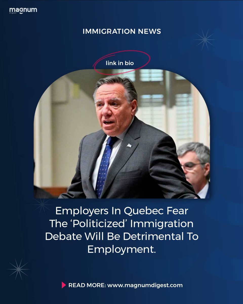 🤔 Employers in Quebec are worried, Could the immigration debate threaten your job. Find out more ⬇️: 
magnumdigest.com/employers-in-q…

#JobThreat #QuebecEmployment #LaborMarket #PoliticsLive #MagnumDigest