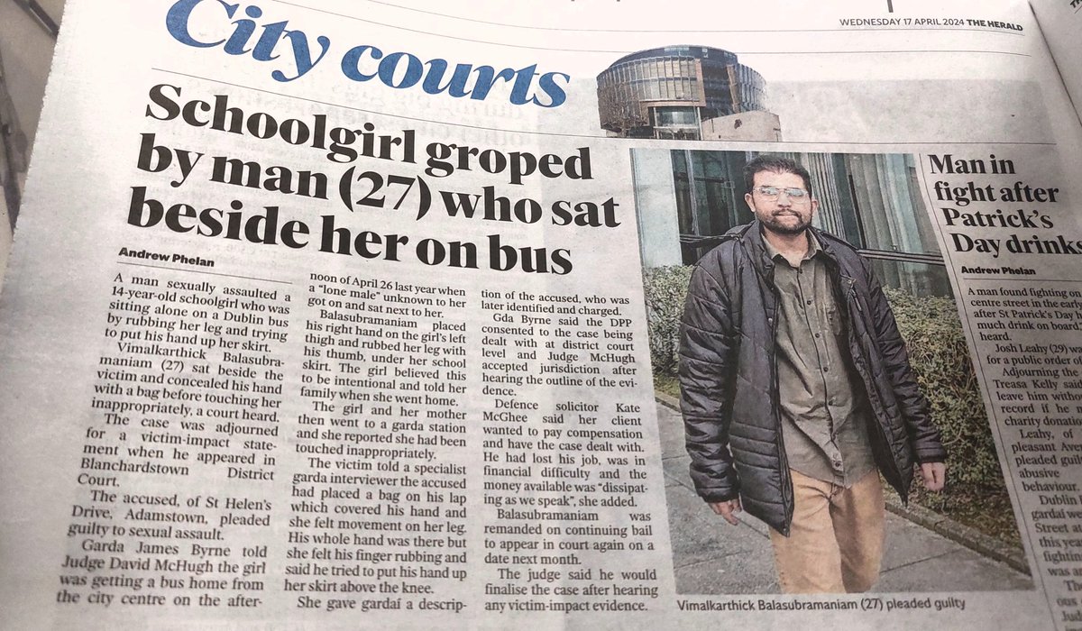 DUBLIN 🇮🇪 Tamil immigrant groped schoolgirl on bus. Vimalkarthick Balasubramanian (27) rubbed the 14 yr old girl's leg and tried to put his hand up her skirt. Accused pleaded guilty. Case adjourned for victim impact statement. #NewToTheParish
#IrelandisFull