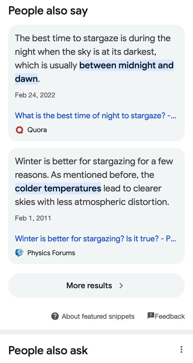 brodieseo's tweet photo. SEO News: Google is now testing out a new featured snippet variant on mobile that provides alternate answers under a 'People also say' heading.  

Interestingly, it actually leads to the Perspectives filter and resembles a test from 2020. More details: https://t.co/VO724UutkF https://t.co/DjQkOk8QAA