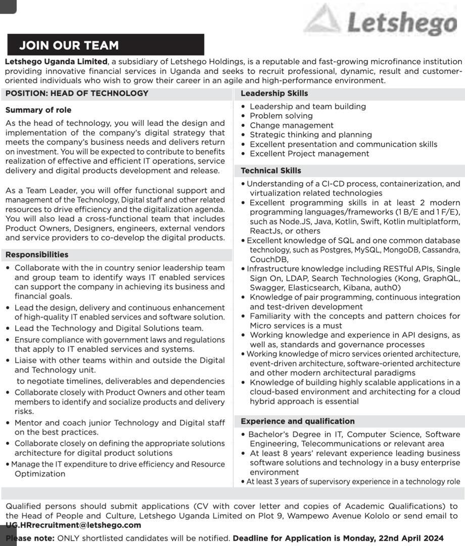 JOB OPPORTUNITY 📢 

Here is an opportunity to elevate your career as a head of technology with Letshego Uganda Limited. 

#jobclinicug #jobseekers #jobsinuganda #hiring #ApplyNow #careers #JobAlert