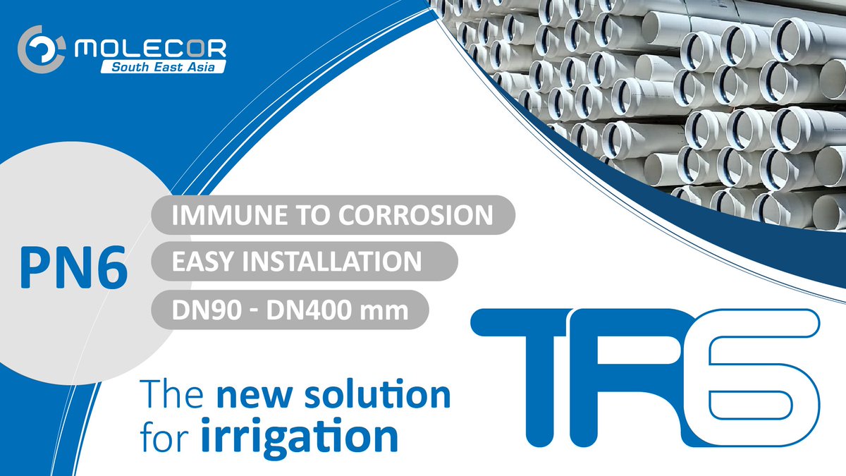 MolecorSEA's tweet photo. @MolecorSEA  increases its range of products with the #TR6® ⚪️brand, the new irrigation pipes with a nominal pressure of 6 bar. The product will be presented at @ASIAWATERexpo  (23-25 April in Kuala Lumpur, Malaysia). Molecor SEA's stand will be D101 📍! https://t.co/NIOeLilqkg https://t.co/BZjTSXrEIa