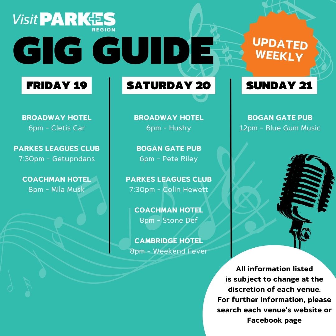 Discover the most electrifying live music events in our vibrant Shire this weekend! The gig guide is your one-stop source for all the thrilling things happening!🎸 #visitparkes