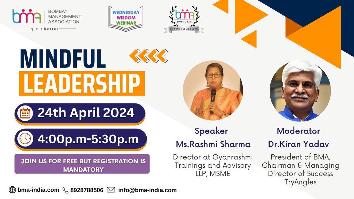 Topic- Mindful Leadership

Please click the below link to register:
forms.gle/UQ53ket9FV9W5v…

NOTE: JOIN FOR FREE BUT REGISTRATION IS MANDATORY

#mindfulleadership #LeadershipDevelopment #webinar #JoinUs #Empowerment #India