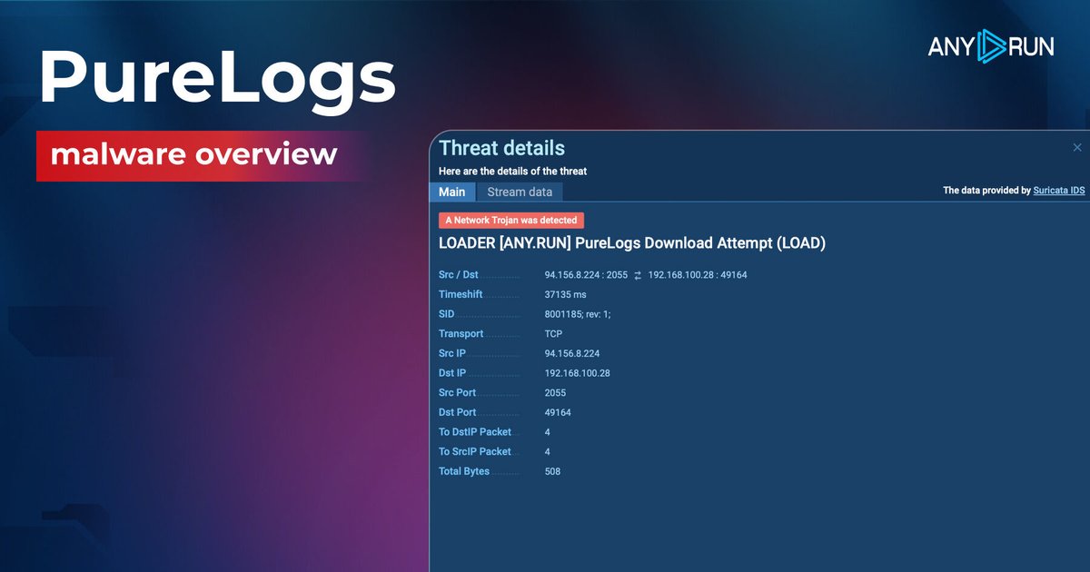 #PureLogs is a stealer belonging to the Pure #malware family 🏴‍☠️ Delivered by the #PureCrypter loader, it steals browser data, crypto wallets, and even files. Learn more & collect its #IOCs/samples ➡️ any.run/malware-trends…