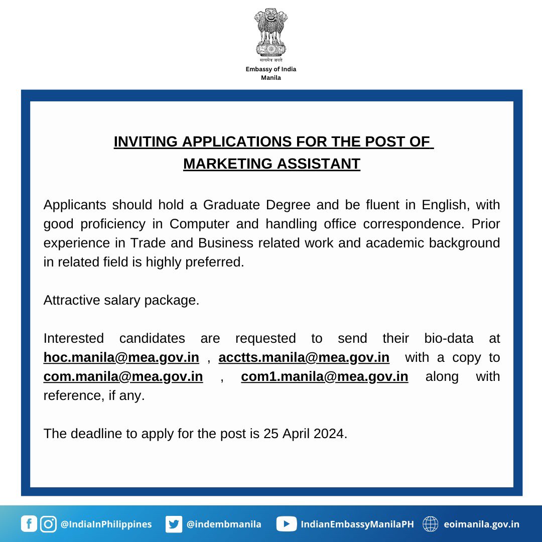 Inviting Applications for job vacancy at the Embassy of India, Manila.