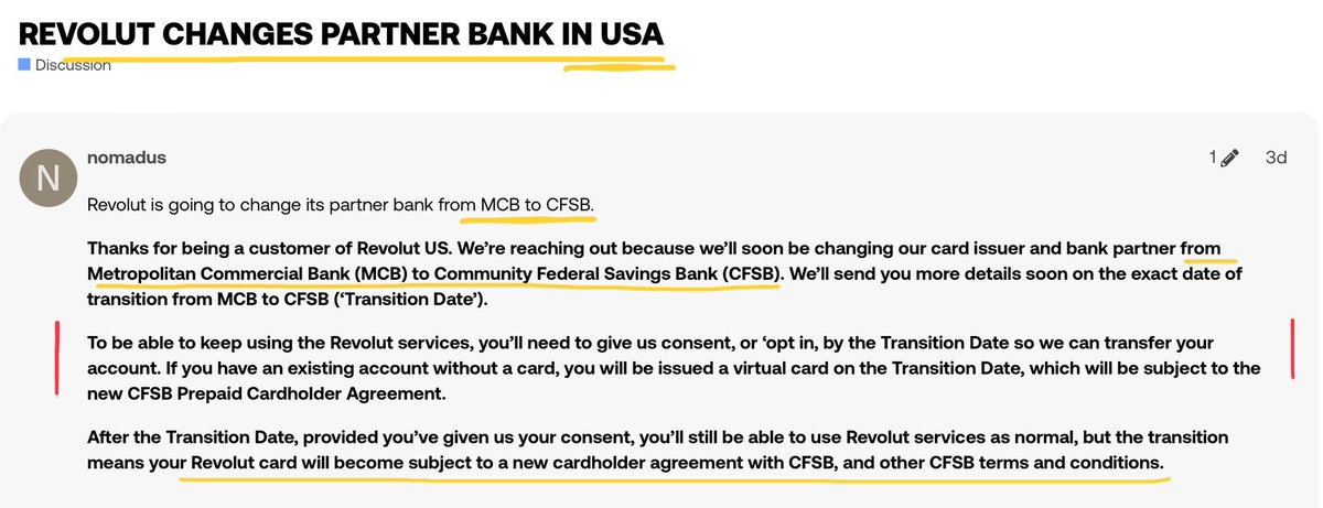 CharterhouseSq's tweet photo. #Revolut has changed its *partner* bank ( + card issuer ) in the United States 

from #MCB [Metropolitan Commercial Bank] 

to #CFSB [Community Federal Savings Bank] 
https://t.co/F7lLyt82U1

h/t. @oost_marcel                               / cc. @newmoneyreview https://t.co/3bIZqHaDH1