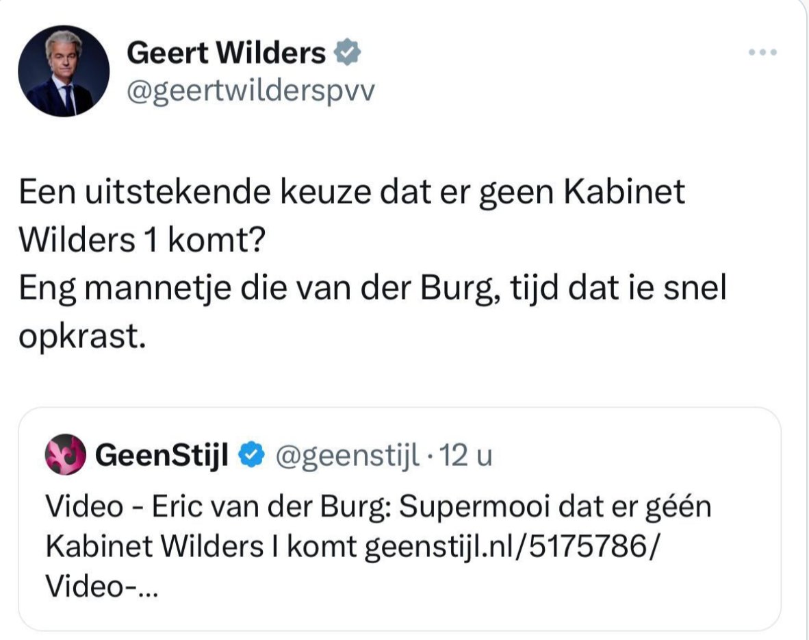 Velen bekritiseren Wilders omdat hij @ericvanderburg een 'eng mannetje' noemt. Terecht. Maar hetzelfde geldt voor Van der Burg, nummer 4 op de lijst van de VVD, waarmee PVV op dit moment probeert een kabinet te vormen. Dan zeg je niet fijn dat Wilders 1 er niet komt.