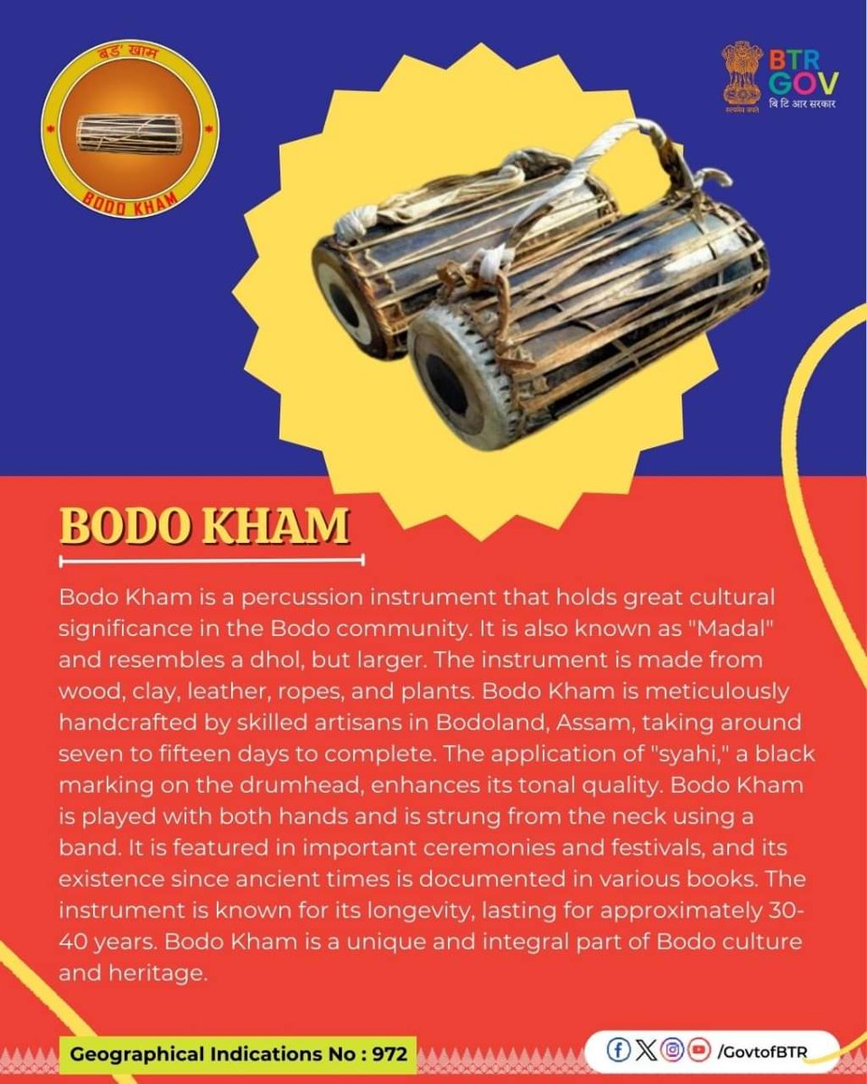 Bodo Kham is a cherished percussion instrument woven into the cultural fabric of Bodoland, Assam. Handcrafted with care and adorned with 'syahi,' it resonates through ceremonies and festivals, embodying the essence of ancient heritage.

#KnowOurHeritage #KnowOurBTR