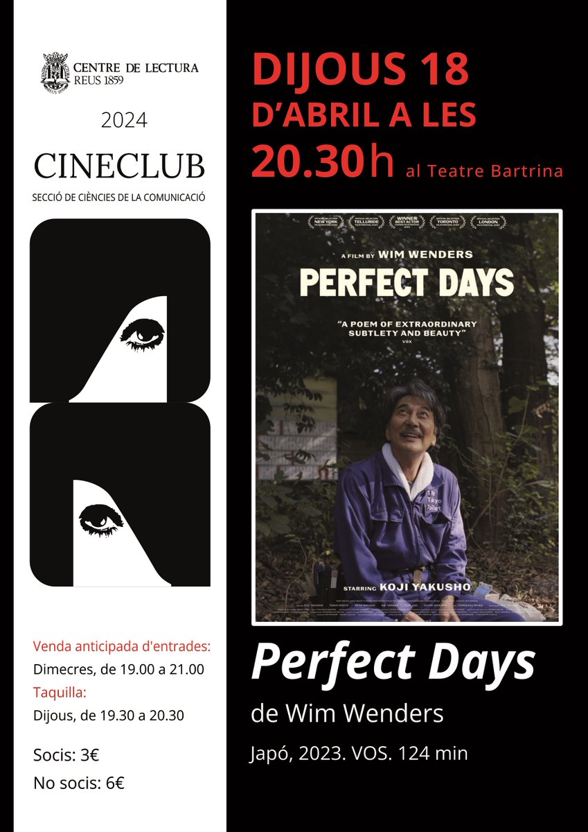 📽️ Avui dijous, a les 20.30, el nostre #Cineclub projecta la pel·lícula «Perfect Days», de Wim Wenders. Japó, 2023. VOS. 124 min. #Reus #joproposo @AgendaCultura @Fedcatcineclubs @ReusCultura @surtdecasa @reusdigitalcat @laguiadereus
