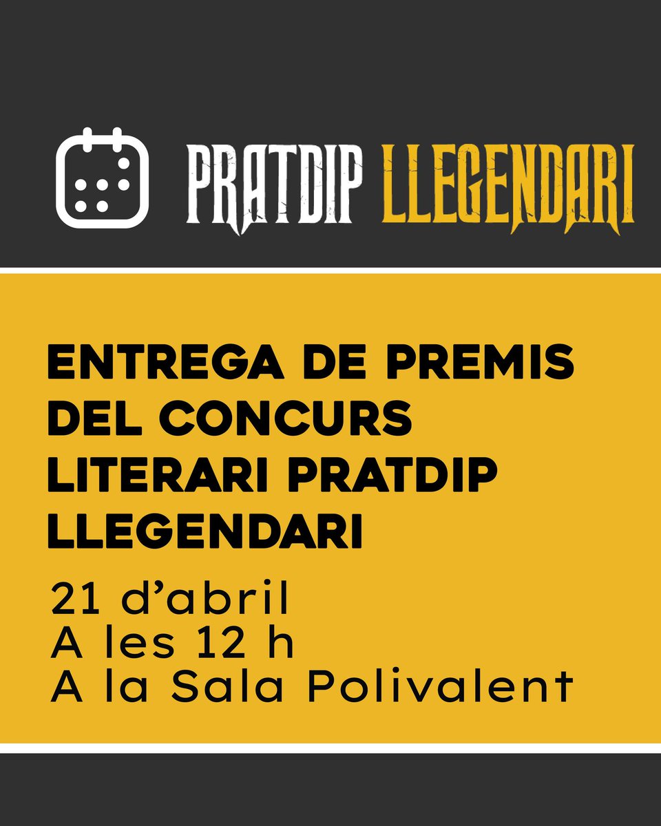 PratdipTurisme's tweet photo. 🦝 CONCURS LITERARI | PRATDIP LLEGENDARI
El proper diumenge 21 d’abril farem l’entrega dels premis del Concurs Literari del Pratdip Llegendari.
Es farà una lectura dels relats guanyadors i hi haurà vermut pels assistents.
📆 21 d’abril
⏰ A les 12.00 h
📌 Sala Polivalent https://t.co/CM4DufpB2i