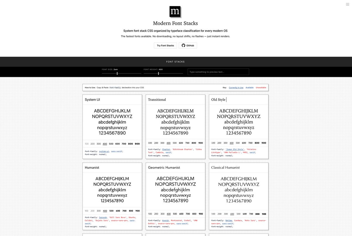 The fastest fonts are the one you don’t download. Modern Font Stacks offers a list of system font stack CSS organized by typeface classification for every modern OS Resource: modernfontstacks.com