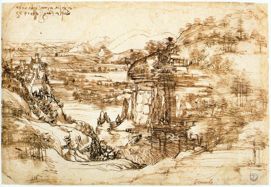 La prima opera ( quella sopravvissuta sino ad oggi) di Leonardo da Vinci ha circa 550 anni. Il disegno, eseguito a matita e inchiostro, mostra in dettaglio la valle del fiume Arno e il castello di Montelupo in Toscana #DettagliDelPaesaggio per #VentagliDiParole @VentagliP