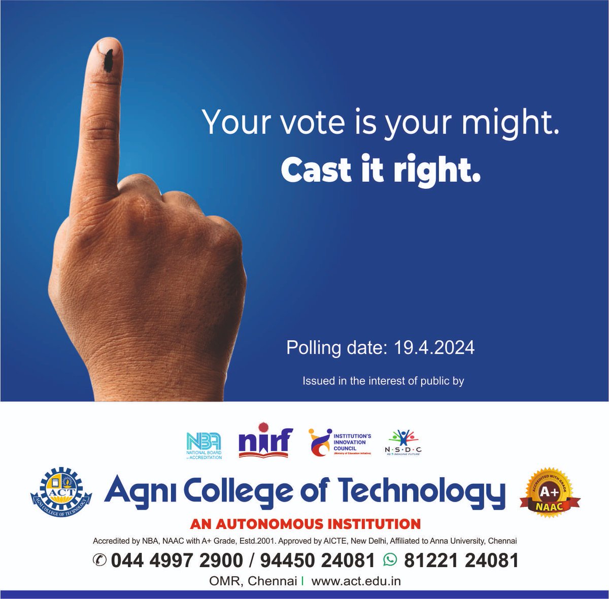 Empower your voice, shape your future. Remember, your vote is your might. 🗳️  Cast your vote and be part of the change. Your vote is your power. Use it wisely on 19th April 2024

#AgniCollegeofTechnology #ElectionDay #VotingMatters #Democracy #YourVoiceYourVote #YourVoteYourRight