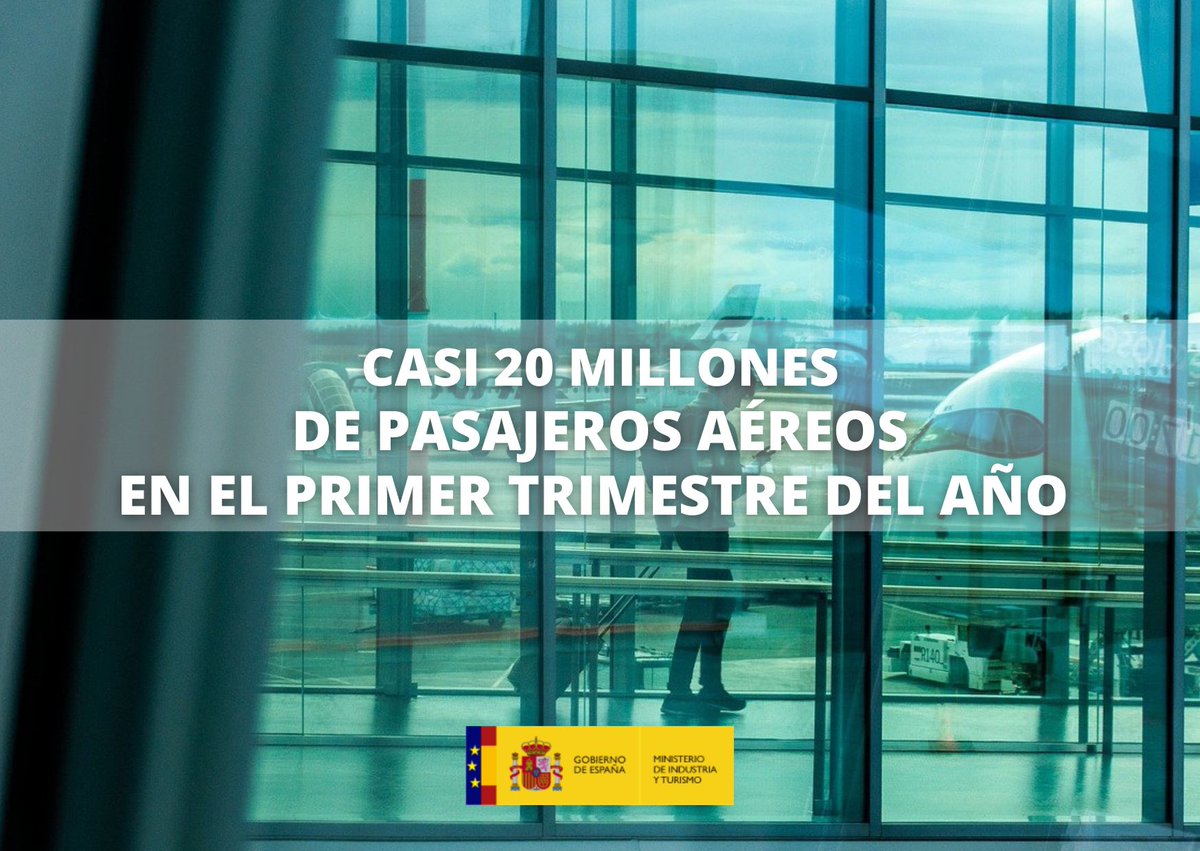 ❗️España recibe casi 20 millones de pasajeros aéreos internacionales en el primer trimestre del año. ⬆️Un 16% más que en 2023. 🗞️Toda la información: run.gob.es/lmsad3a2