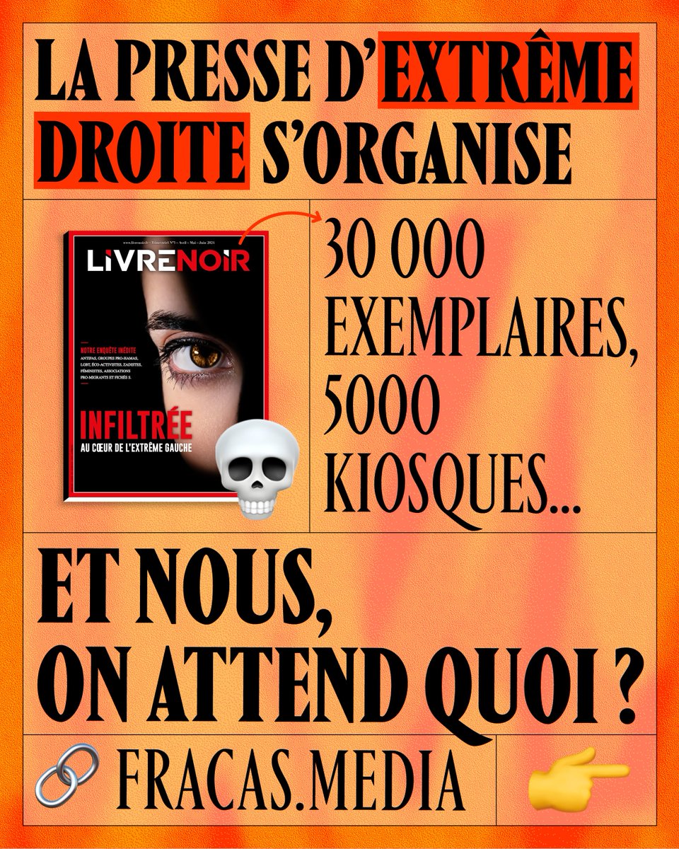 Le média d’extrême droite Livre Noir a publié une cartographie de ses adversaires. On a découvert que, parmi d’autres médias, groupes politiques et associations de gauche, @FracasMedia y figurait. Aujourd’hui, c’est un fichage discret (et très mal fait💩), mais demain ?