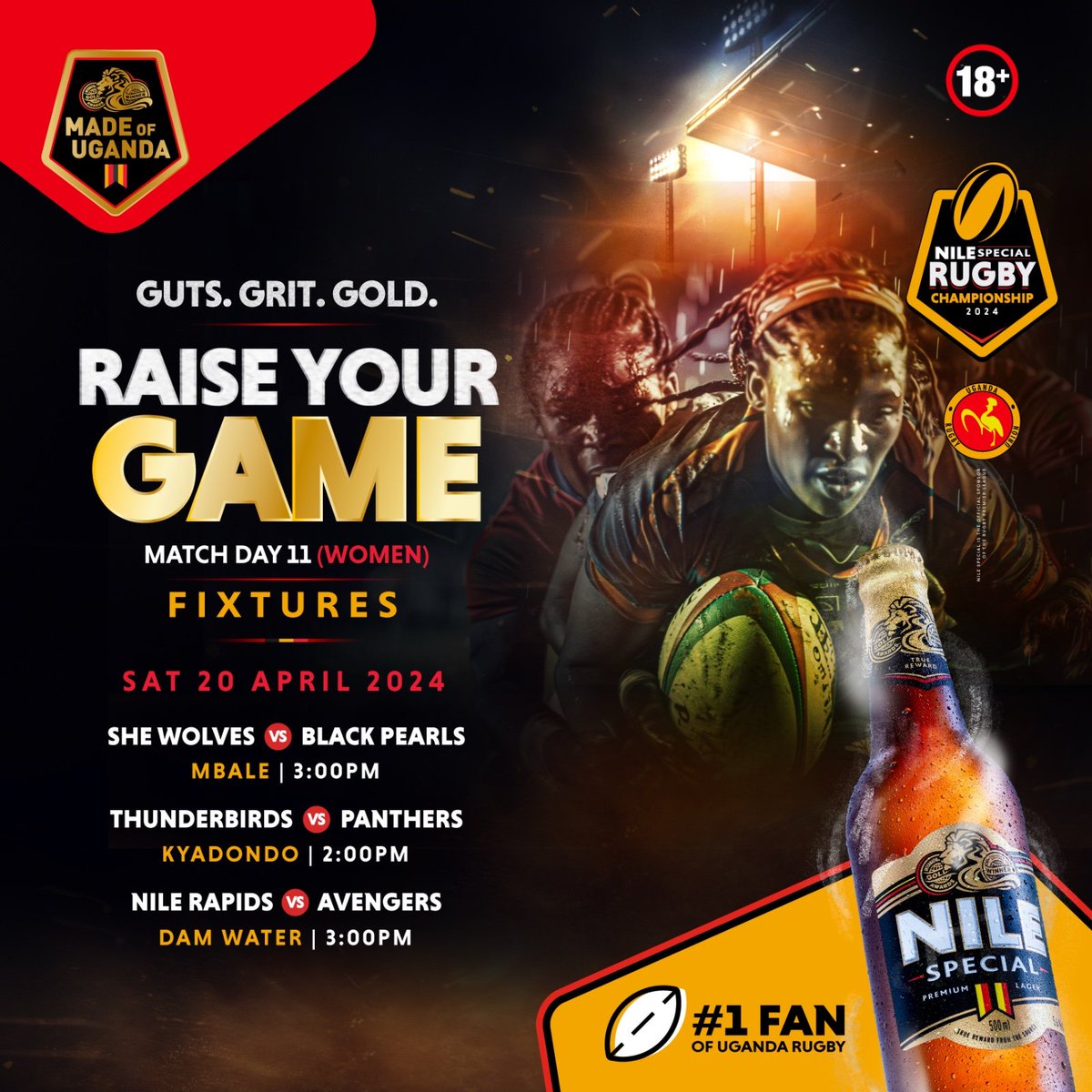 #NileSpecialRugby  women's rugby GW11 The mighty @BlackPearlsRFC visit Mbale to face SHE Wolves Avengers are in Jinja against the Nile Rapids Game of the weekend will be at Kyadondo as Thunderbirds host Panthers! #RaiseYourGame into the knockout stages #GutsGritGold