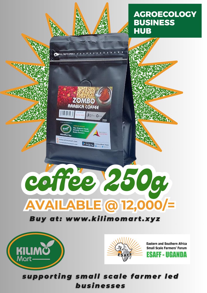 #BuyAtKilmoMart

Wake up to the perfect brew of Zombo Arabica coffee, crafted with care from farm to cup, ensuring purity and flavor.

Click here to buy:   kilimomart.xyz/Zombo-Arabica-…
Supporting smallscale farmer-led businesses