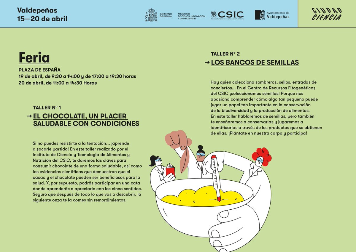 CiudadCiencia's tweet photo. 📢¡Tenemos un plan! Este viernes y sábado estaremos en la plaza de España de #Valdepeñas con LA CIENCIA NOS LLEVA DE CALLE. Una feria científica con diferentes talleres e investigador@s del @CSIC ¡Os esperamos!

#CiudadCiencia #CienciaEnValdepeñas @AytoValdepenas @culturavaldepen https://t.co/0lyUxH16ea