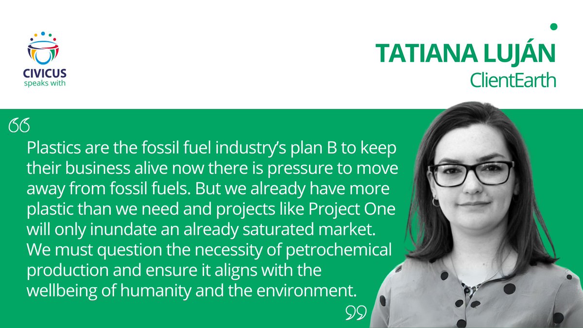 🇧🇪CIVICUS speaks with Tatiana Luján of @ClientEarth  about a lawsuit filed in collaboration with 15 other CSOs against a plan to open a huge plastics plant in Belgium, known as Project One, by petrochemicals giant INEOS. 
web.civicus.org/TatianaLujan #CIVICUSLens #ClimateAction