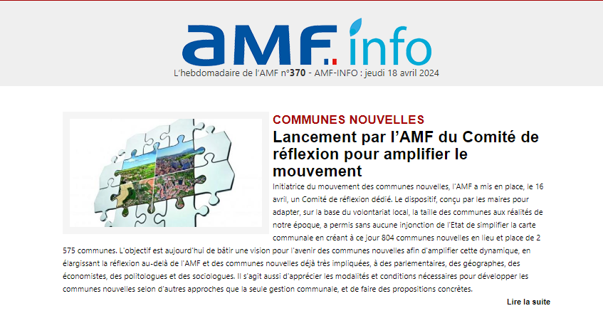 l_amf's tweet photo. [#AMFInfo] Retrouvez l'édition de ce jeudi ⤵️
Au programme :
- Lancement par l'AMF du Comité de réflexion sur les communes nouvelles
- Déclaration des indemnités de fonction des élus locaux
- Elections européennes : tout ce que les maires doivent savoir
➡️https://t.co/PnBOsRZ3ut https://t.co/KxPGFQwek0