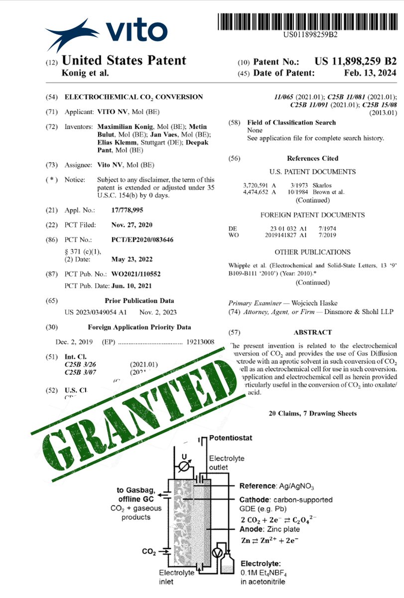 Pleased to announce that our patent from <a href="/VITObelgium/">VITO</a> on "Electrochemical CO2 conversion" has been granted by the USPTO. 👏  
We describe the use of Gas Diffusion Electrode with an aprotic solvent for #CO2 conversion. #CCU patents.google.com/patent/US20230…