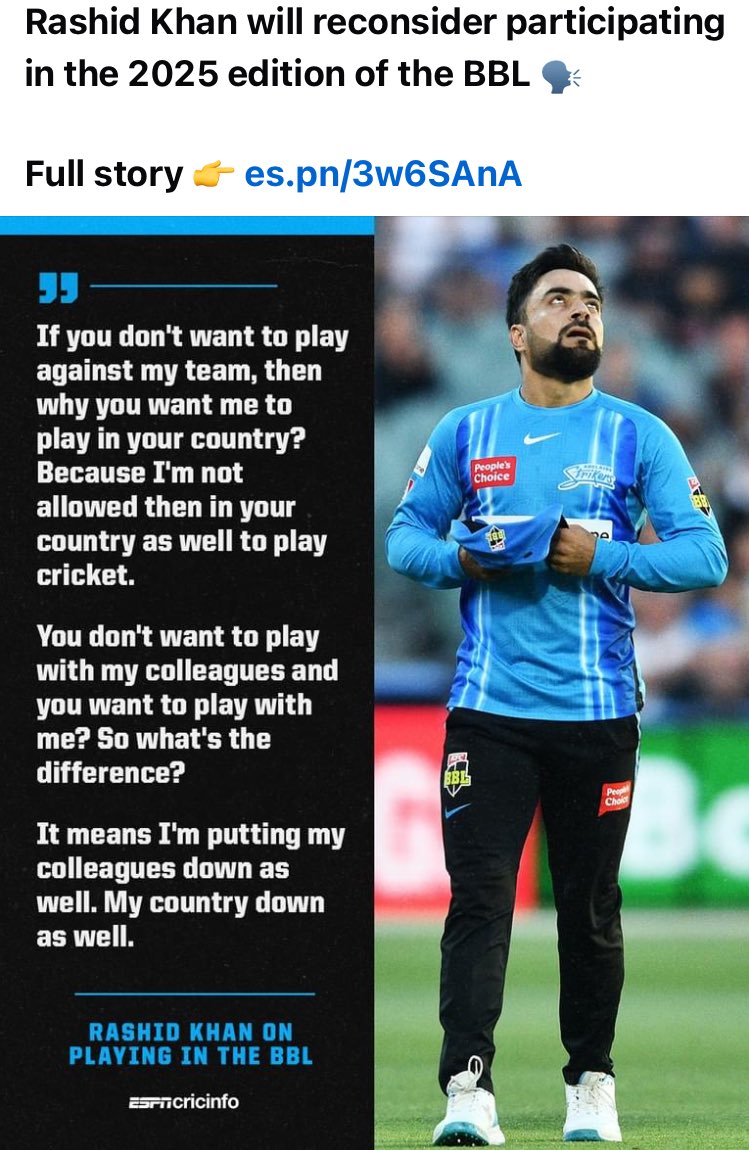 Kudos @rashidkhan_19 ❤️ 

Nothing is bigger than the country.

Some current members of #IndianCricket team can learn from this as well. Test/Ranji khelte waqt injury, aur @IPL jaise hi shuru hota hai, all are fit & fine? 

@BCCI #CricketTwitter #TeamIndia #MenInBlue