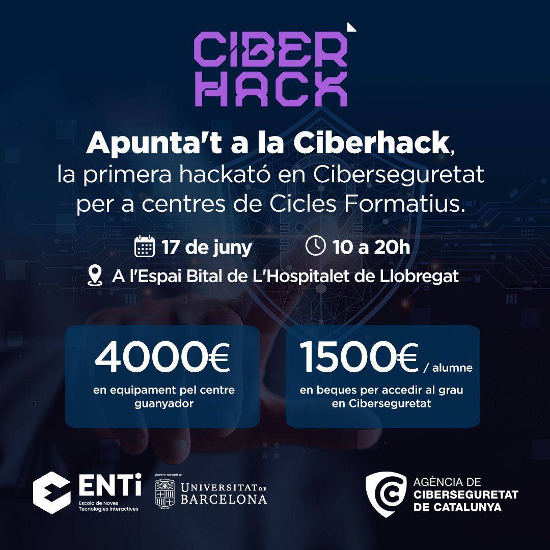 ciberseguracat's tweet photo. 🚀🔒 Presentem #Ciberhack, la primera hackató en #ciberseguretat per a centres formatius que organitzem amb @ENTI_BCN! Si ets estudiant del CFGS en ASIX amb perfil ciberseguretat o has fet el curs d'especialització, aquest és el teu repte.
👉 Inscripcions: https://t.co/WPBjoFXm9t https://t.co/UTLHxINDPl