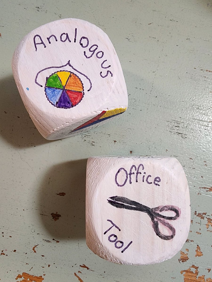 GarnetGamerGirl's tweet photo. Gems!! The dice have spoken! This week's #GGGartprompt is to be an image of an office tool done in 3 analogous colors! (Analogous colors are colors that are next to each other on the color wheel.) #watercolor #painting #art https://t.co/U5Q4YoaxKN https://t.co/cvrzMwvktL https://t.co/wOkudO5qbj