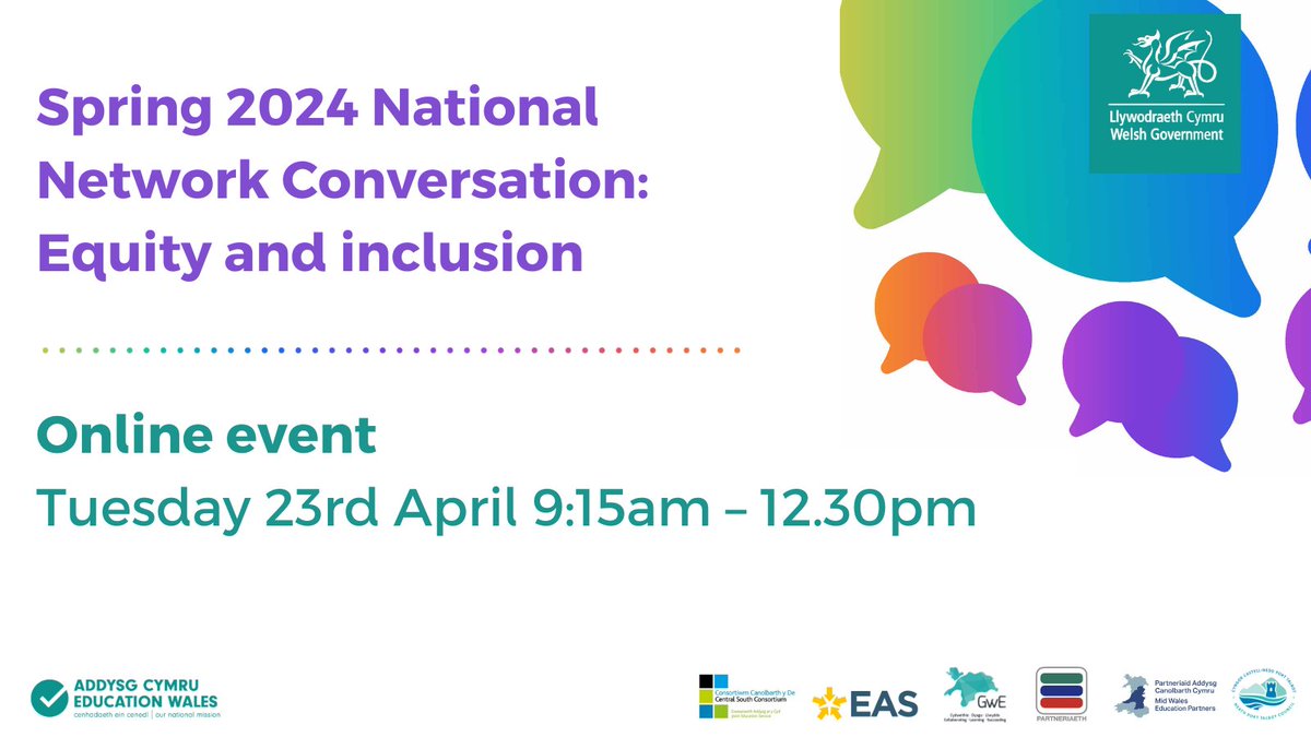 Join our next #CurriculumforWales National Network Conversation on Equity and inclusion. Tuesday 23rd April 9:15am – 12.30pm Online Register here: ow.ly/jI0p50QHtvn @PartneriaethREC @GwEGogleddCymru @CSCJES @sewalesEAS
