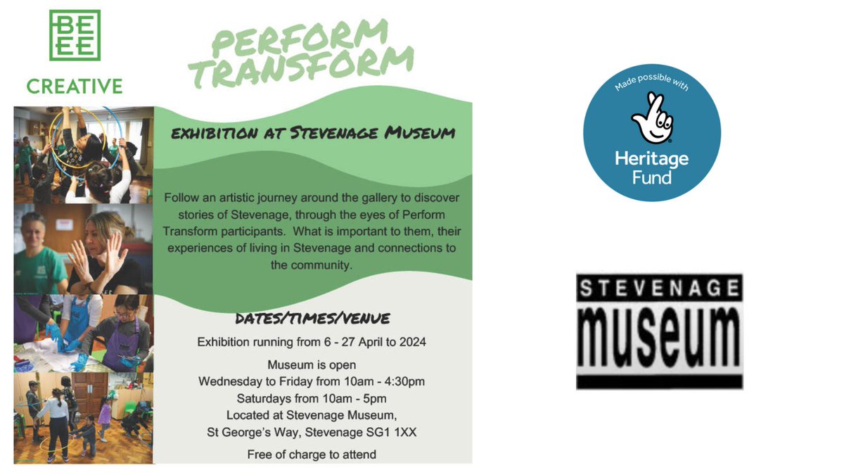 👀 Take a different look at #Stevenage by visiting the #ProjectPerformTransform exhibition at @stevenagemuseum before 27th April 2024 Thanks to Maga Judd, Anji Archer and Photographer Simon Richardson. More about the project: bit.ly/3TuoIer Funder: @heritagefunduk