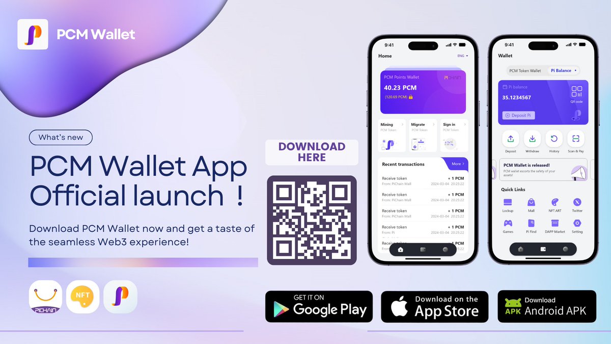 pichainmall's tweet image. 📱 Exciting news! PCM Wallet is now available on the Apple App Store and Google Play Store. Dive into the seamless web3 experience and explore the future of crypto with PCM Wallet. Pioneers are encouraged to use PCM Wallet to facilitate Pi Commerce barter, simplifying…