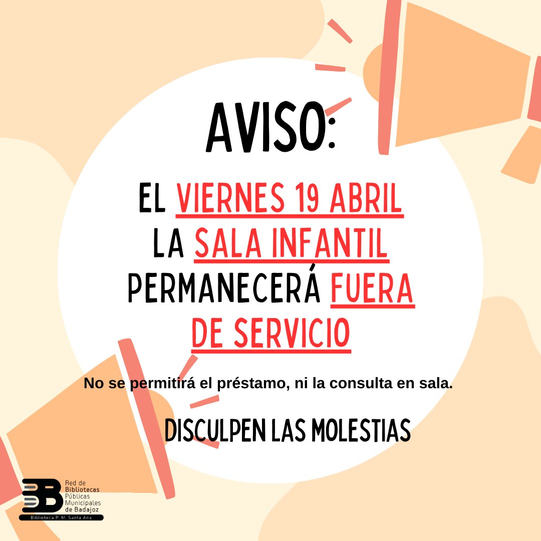 AVISO: SALA INFANTIL FUERA DE SERVICIO ESTE VIERNES, 19 DE ABRIL.

#bpmsa #bibliotecasantaana #aviso #salacerrada #fueradeservicio #badajoz #bibliotecaspublicasmunicipales