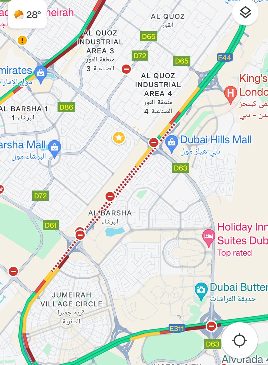 #RoadClosure on #R44 Al Khail Rd between #D63 Um Sequim and #D61 Hessa Street interchange. Please take alternate route.