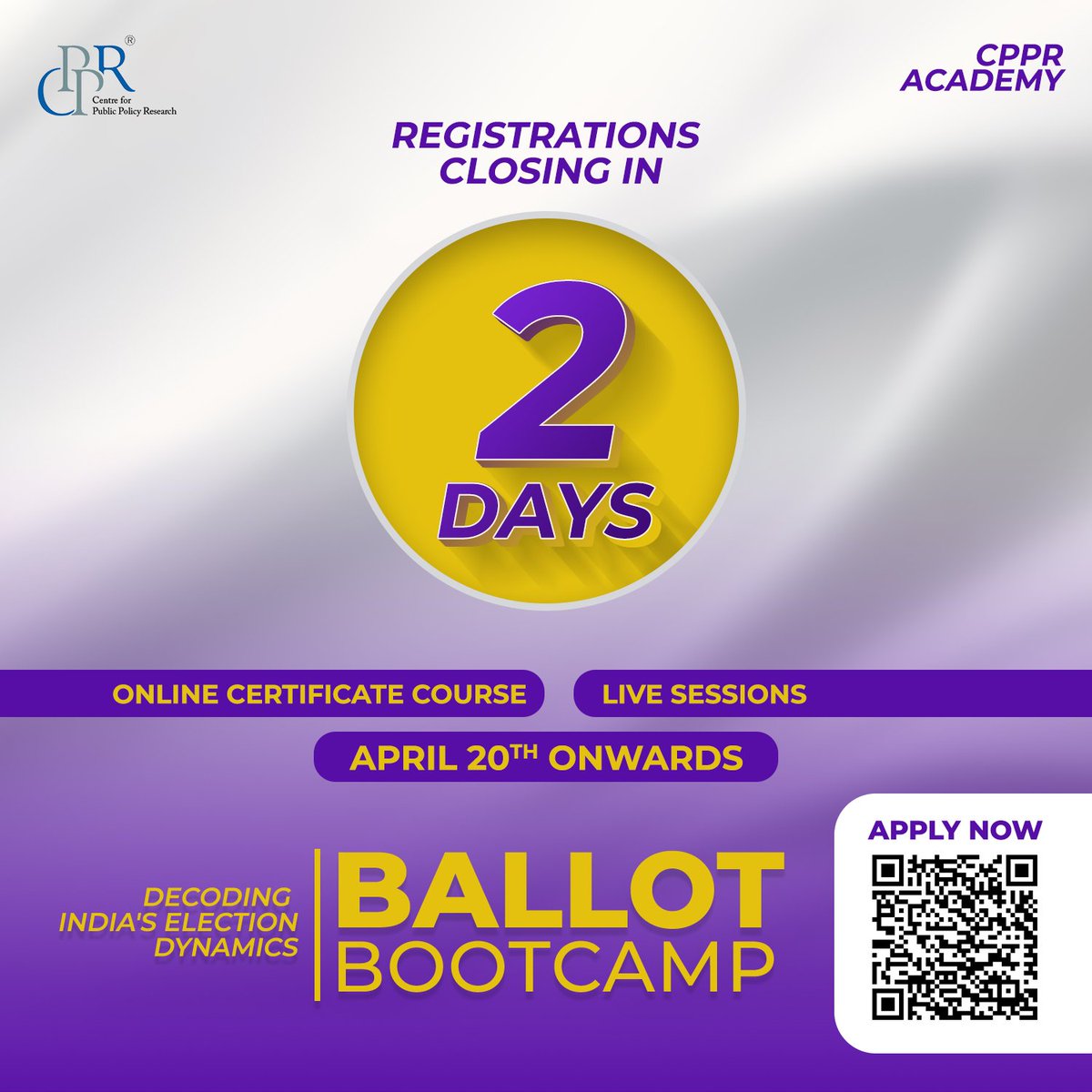 2 Days to go!

Registrations Closing Soon for #CPPRAcademy's Online Certificate Course on Decoding India's Election Dynamics.

Learn about #Elections in India, from History to Strategy!

Secure your spot now!
cppr.in/ballot-bootcam…

#Elections2024
#onlinecourses