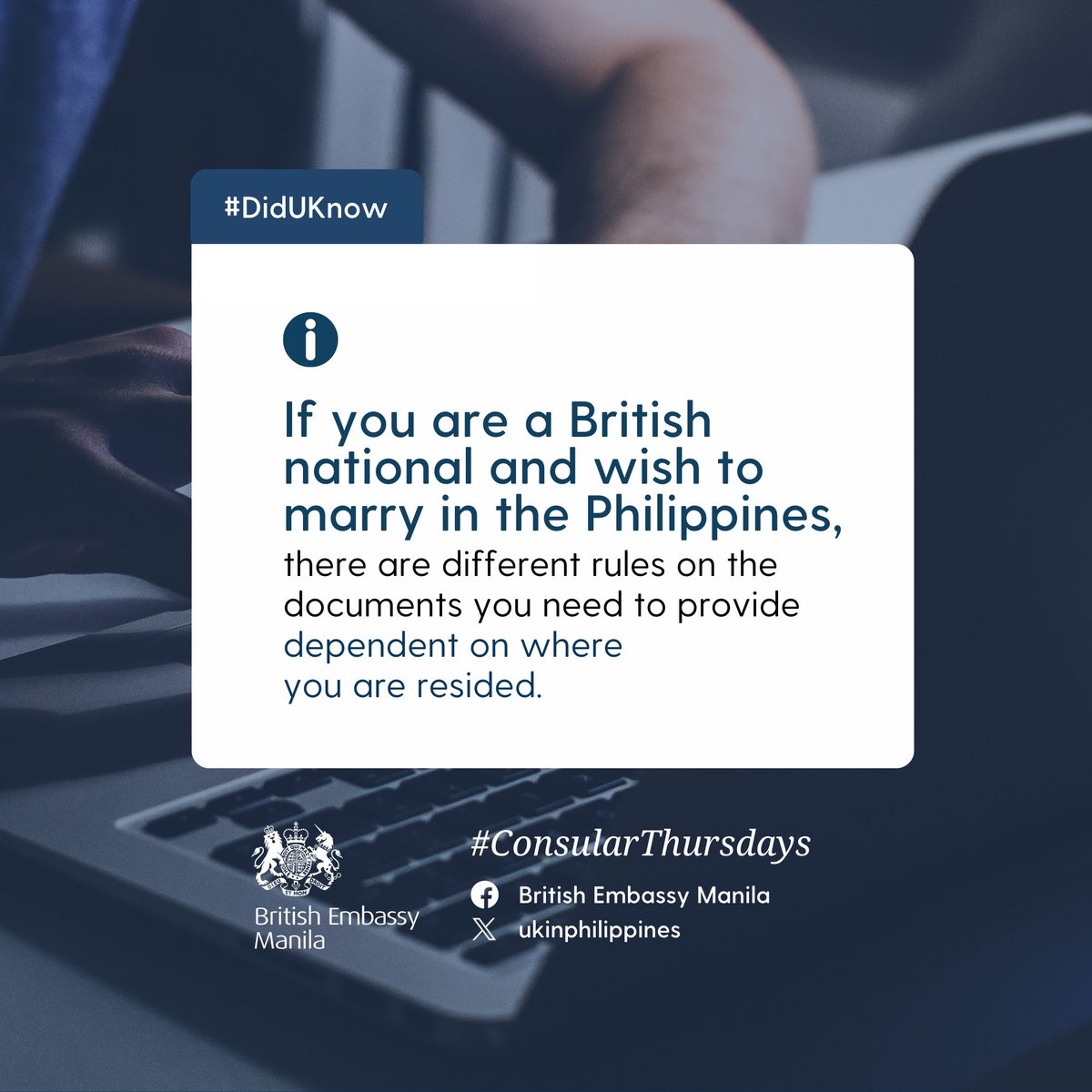 #DidUKnow that depending on where you are a resident, there are different rules on the documents British people need to provide to get married in the 🇵🇭? For more information here: 🔗 gov.uk/government/pub… #ConsularThursdays