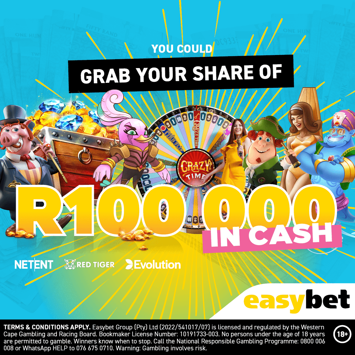 🌟 Win Your Share of R100,000 in CASH with Easybet! 🌟

Dreaming of a cash windfall? Here's your golden ticket! 💸 Participate in our thrilling promotion and stand a chance to win a share of R100,000 IN CASH! 🎉

How to Enter:

🎰 Play any qualifying NetEnt, Evolution, or Red
