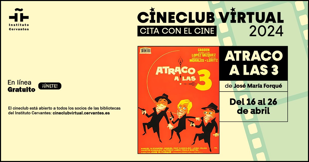 📽️Continua il cineclub virtuale organizzato dalle @Bibliotecas_IC con il film 𝗔𝘁𝗿𝗮𝗰𝗼 𝗮 𝗹𝗮𝘀 𝘁𝗿𝗲𝘀‼️ 👉Prendi la tua tessera di utente della biblioteca e partecipa! ℹ️ cultura.cervantes.es/roma/it/Cita-c…