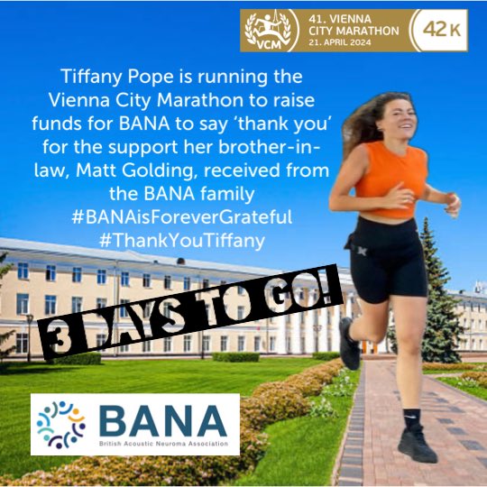 3 Days to go for Ross McCreery (London) and Tiffany Pope (Vienna) who are running marathons for @BANAUK. Thank you both so much #BANAisForeverGrateful Read more on their fundraising pages 👇#ThankYou Ross - 2024tcslondonmarathon.enthuse.com/pf/ross-mccree… Tiffany - justgiving.com/page/tiffany-p…